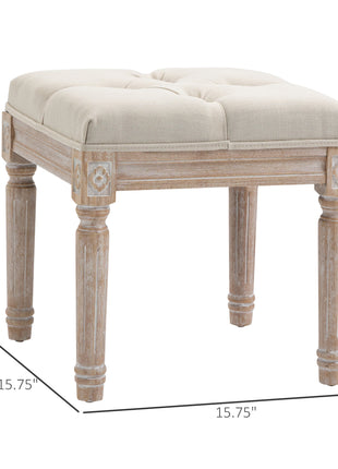 Ottoman Bench Vintage Footrest w/ Button Tufted Seat, Carved Wooden Legs, Beige