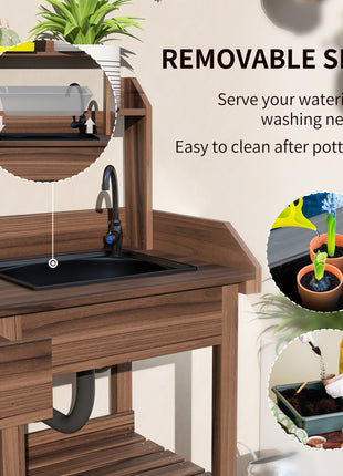 Potting Bench Table, Outdoor Garden Table Wooden Work Station with Removable Sink, Faucet, Drawer, Shelves, Hooks, Dark Brown