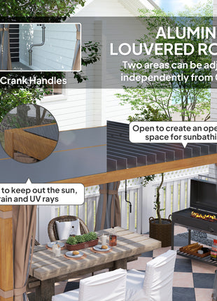10' x 13' Outdoor Retractable Pergola w/ Sun Shade Louvered Top, Pergola w/ Canopy, Curtains, Netting, Natural Wood