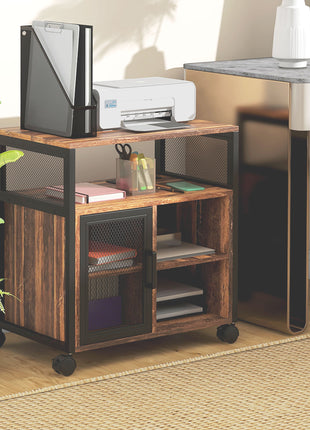 Printer Stand with Socket and USB Charging Ports, Industrial Mobile Printer Table with Storage and Wheels, Rustic Brown