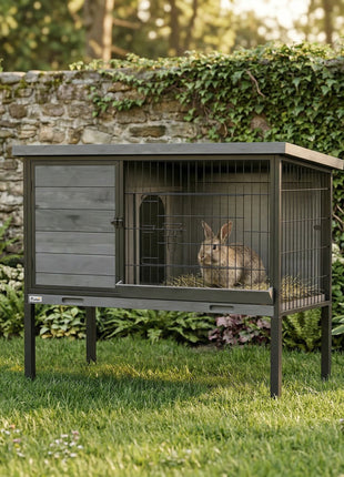 Elevated Rabbit Hutch Outdoor, Wooden Rabbit Cage Bunny House with Pull-out Tray and Openable Plastic Roof