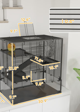 4 Tier Hamster Cage with Deep Tempered Glass Bottom, Running Wheel, Hut, Water Bottle, Food Dish, 31" x 19" x 31.5"