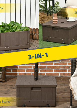 3-in-1 Outdoor Umbrella Base, Coffee End Table, Flower Box Planter, 175lbs Capacity Patio Umbrella Stand Table with Wheels and Handles, Brown