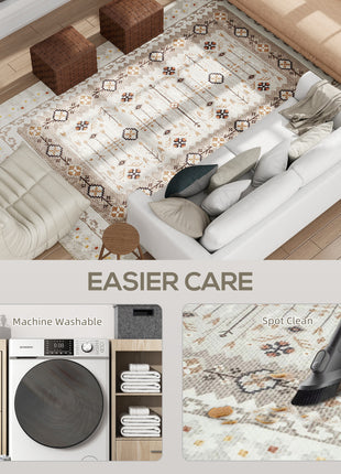Machine Washable Area Rug 8x10, Non-Slip Boho Flannel Print Floor Carpet for Living Room, Bedroom, Dining Room, Brown