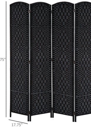 Room Divider 4 Panel, 6FT Tall Folding Privacy Screen, Freestanding Hand-Woven Partition for Room Separation with 360° Hinges, Paper Rope Diamond Weave, Black