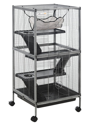 Metal Small Animal Cage Rolling Big Ferret Cage, Chinchilla Cage, Sugar Glider Cage, with Hammock & 4 Tiers, Removable Tray, Gray