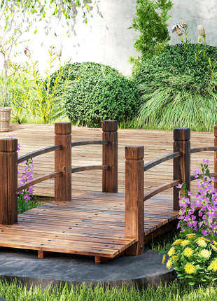 Fir Wood Garden Bridge Arc Walkway with Side Railings for Backyards, Gardens, and Streams, Stained Wood, 60" x 26.5" x 19"