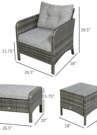 5 Pieces Rattan Wicker Lounge Chair Outdoor Patio Conversation Set with 2 Cushioned Chairs, 2 Ottomans and Tempered Glass Top Coffee Table, Gray/Light Gray