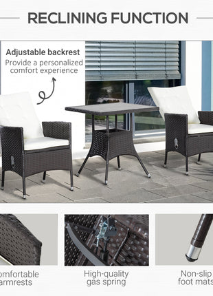 3 Piece Patio Bistro Set, PE Wicker Furniture Conversation Set w/ Tufted Cushion Reclining Chairs & Coffee Table, Cream