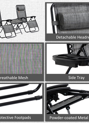 Zero Gravity Chair Set with Side Table, Folding Reclining Chair with Cupholders & Pillows, Adjustable Lounge Chairs for Pool, Backyard, Lawn, Beach, Gray