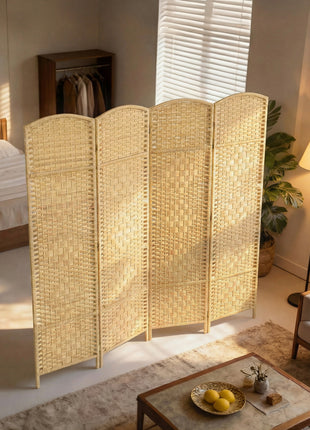 Folding Room Divider Screen 4 Panel 6' Tall Privacy Screen Freestanding Wood Partition for Home Office, Nature Wood