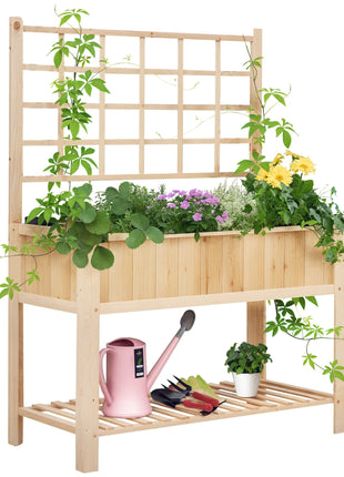 47'' Wooden Raised Garden Bed with Trellis, Coutryside Style Elevated Planter Box Stand with Open Storage Shelf, Spacious Planting Area for Vegetables, Herbs, Flowers