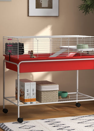 Two-Story Small Animal Cage Removable from Stand, Pet Habitat with Shelf & Wheels, 39" x 20.5" x 36.5", Red