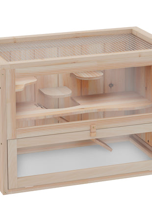 2-Level Hamster Cage Mice and Rat House, Small Animal Habitat for Guinea Pigs, Chinchillas with Openable Top, Front Door, Shelf and Ladder, Natural
