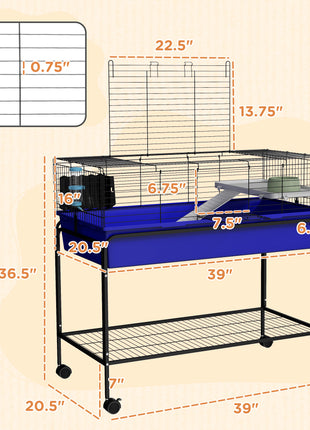 Two-Story Small Animal Cage Removable from Stand, Pet Habitat with Shelf & Wheels, 39" x 20.5" x 36.5", Blue