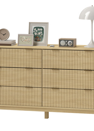 6 Drawer Double Dresser for Bedroom, Fluted Chest of Drawers with Gold Finger Pulls and 5 Wood Legs, Natural Wood