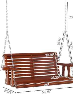 Porch Swing with Chains and Cupholders, 2 Person Wooden Patio Swing Chair, 440 lbs. Weight Capacity, for Garden, Poolside, Backyard, Brown
