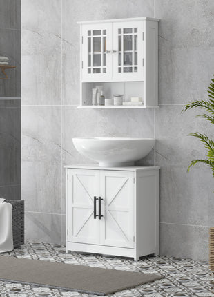 Farmhouse Pedestal Sink Storage Cabinet, Bathroom Sink Cabinet with 2 Barn Doors and Adjustable Shelf, White
