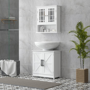 Farmhouse Pedestal Sink Storage Cabinet, Bathroom Sink Cabinet with 2 Barn Doors and Adjustable Shelf, White