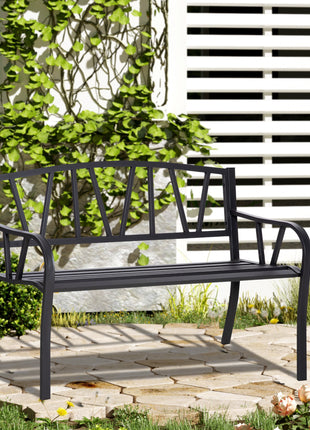 50" Outdoor Bench, Metal Garden Bench with V-Shaped Pattern Backrest, Porch Bench with Slatted Seat for Park, Yard, Lawn, Black