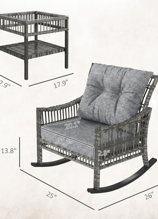3 Piece Outdoor PE Rattan Rocker Chair Set, Rocking Chair with Tempered Glass Table Top, Gray