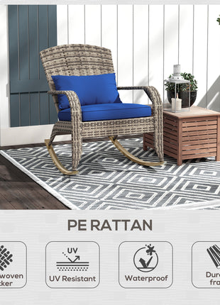 Adirondack Chair, Outdoor Wicker Rocking Chair with High Back, Seat Cushion, and Pillow for Porch, Balcony, Dark Blue