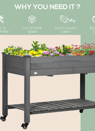 47" x 21" Raised Garden Bed Elevated Wooden Planter Box w/ Lockable Wheels, Storage Shelf for Backyard, Dark Gray