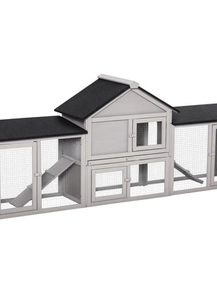 Outdoor Rabbit House 83" 2 Story Deluxe XL Wooden Rabbit Hutch Big Bunny Cage w/ Ladder and Run, Gray