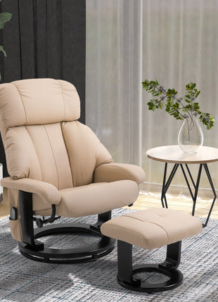 10-Point Massage Recliner Chair, Vibration Massage Sofa with Ottoman Footrest, Faux Leather and Swivel Wood Base for Living Room & Bedroom, Beige