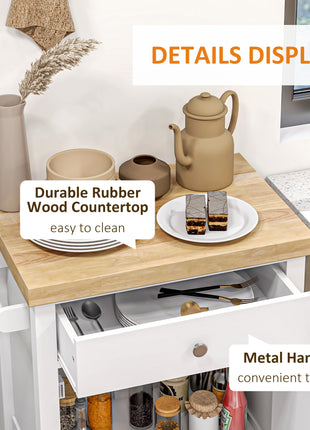 Kitchen Island on Wheels, Rolling Kitchen Cart with Rubberwood Top, Drawer, Wine Rack and Cabinet, White