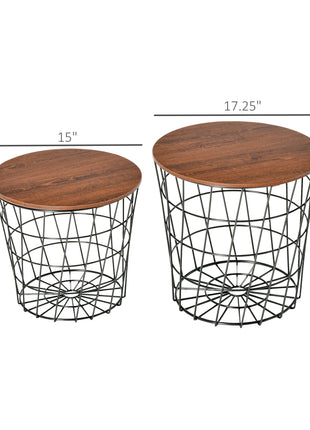 End Tables Set of 2, Nesting Tables with Storage, Round Accent Side Tables with Removable Top for Living Room,  Black/ Brown