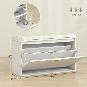Shoe Storage Bench with Padded Seat Cushion and Flip-Drawer, Entryway Bench, Shoe Cabinet, 31.5x10.2x18.7 Inches, White