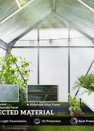 Polycarbonate Greenhouse, Heavy Duty Outdoor Aluminum Walk-in Green House Kit Vent Door, 6.2'x4.3'x6.6' Gray