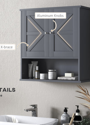 Farmhouse Bathroom Medicine Cabinet, Wall Cabinet with Barn Doors and Adjustable Shelf for Laundry Room, Gray