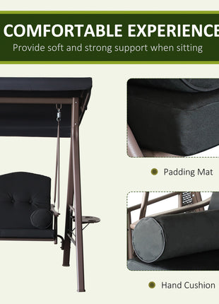 3-Seat Patio Swing Chair, Outdoor Porch Swing Glider with Adjustable Canopy, Removable Cushion, Pillows and Side Trays, for Garden, Poolside, Backyard, Black