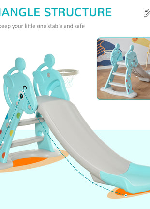 2 in 1 Kids Slide with Basketball Hoop, Foldable Toddler Freestanding Slider Playset, for 18 months -4 Years Deer Shaped, Includes Basketball, Pump - Blue