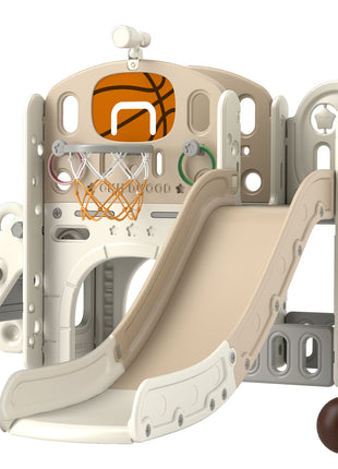 7-in-1 Toddler Slide, Kids Slide for Ages 1-6 Years w/ Ring Toss, Basketball Hoop, Telescope Climber, Storage Space