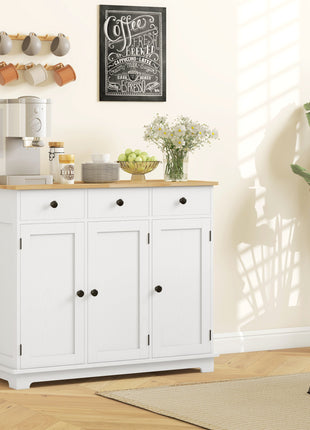 Kitchen Storage Cabinet, Sideboard Floor Cupboard with Solid Wood Top, Adjustable Shelf, and 3 Drawers, White
