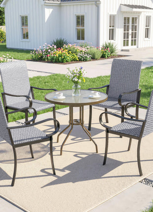 Set of 4 Outdoor Wicker Dining Chairs with Armrest, Steel Frame, High Back and Deep Seating, Gray