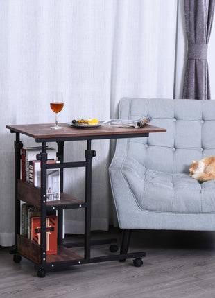 Industrial C-Shaped Mobile Rolling Sofa Side Table with 3-Tier Storage Shelving, Adjustable Height, & Wheels
