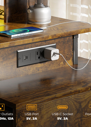 56" Computer Desk with Storage, Computer Table with Power Outlets and LED Lights, Rustic Brown