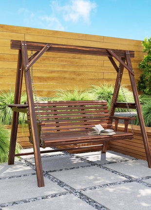 3 Seat Wooden Porch Swing with Stand, Patio Swing with Side Tables, for Garden, Poolside, Backyard, Carbonized Brown