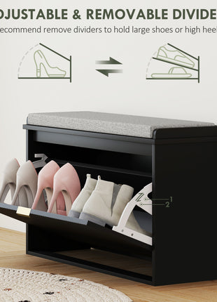 Shoe Storage Bench with Padded Seat Cushion and Flip-Drawer, Entryway Bench, Shoe Cabinet, 31.5x10.2x18.7 Inches, Black