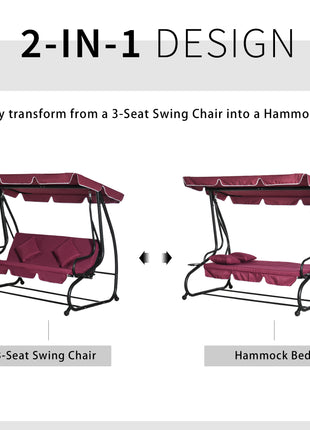 3-Seat Outdoor Patio Swing Chair, Converting Flatbed, Outdoor Swing Glider with Adjustable Canopy, Removable Cushion and Pillows, for Porch, Garden, Poolside, Backyard, Red