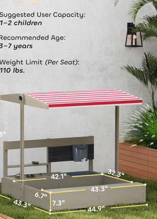 Kids Sandbox with Height Adjustable Canopy, Wooden Sandbox Backyard Toy with Kitchen Playset Accessories, Outdoor Activity Gift for Girls and Boys, Ages 3-7