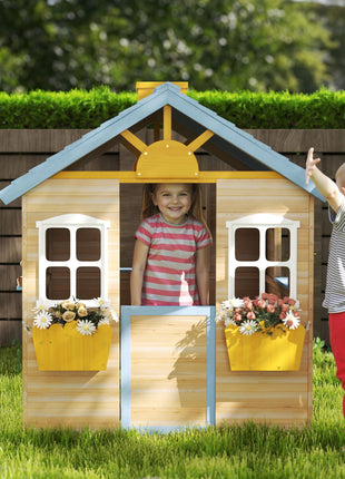 Wooden Playhouse for Kids Outdoor Garden with Working Door, Windows, Bench, Service Station, Flowers Pot Holder, Blue