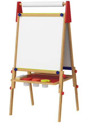 3 in 1 Easel for Kids with Paper Roll, Whiteboard, Chalkboard, Double Sided & Adjustable Height, Nature Wood