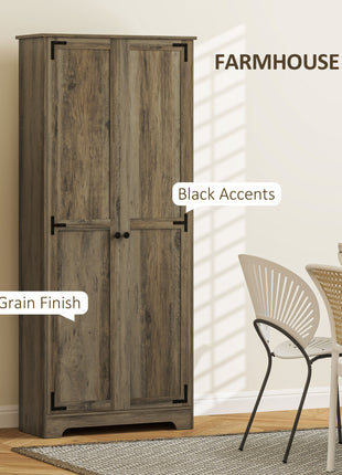 72" Farmhouse Pantry Cabinet, Freestanding Food Pantry Cabinet with Adjustable Shelves, Distressed Gray