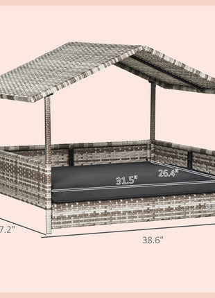 Wicker Dog House Elevated Raised Rattan Bed with Removable Cushion Lounge, Charcoal Gray
