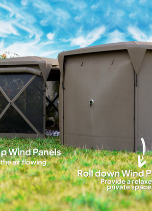 11 x 11ft Pop Up Gazebo Screen Tent with Removable Roof Cover, Roll-up Wind Panels for Camping, Backyard, Brown